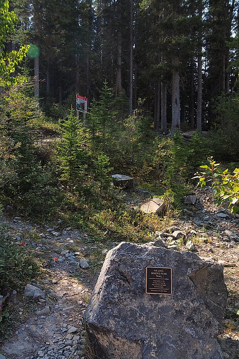 Plaque commémorative dédiée à la communauté minière sur le sentier de Ha Ling et Miners Peak dans la vallée de la Bow.