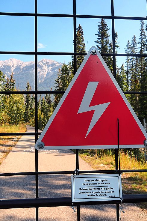 Panneau de signalisation sur la clôture électrique du sentier Banff Heritage Trail.