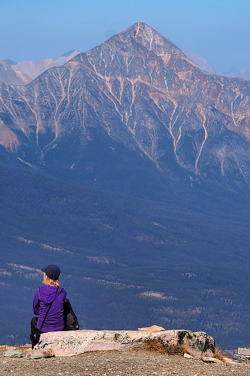 Vue sur la montagne Pyramid depuis le sommet de Whistlers, parc national Jasper.