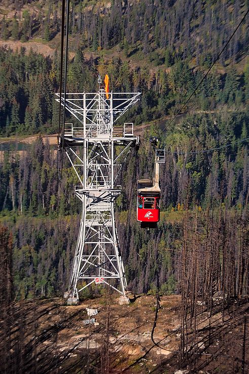 Cabine du téléphérique Jasper Skytram lors de l'ascension vers le mont Whistlers, parc national Jasper.