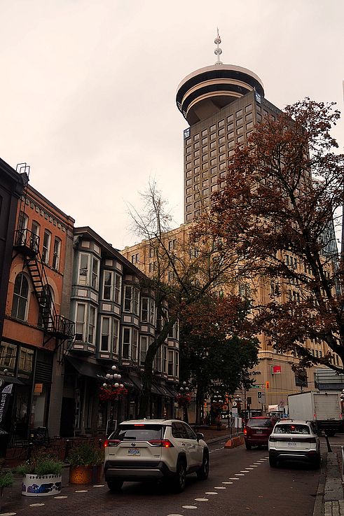 View of the Harbour Centre from Water Street in the Gastown neighborhood of Vancouver.