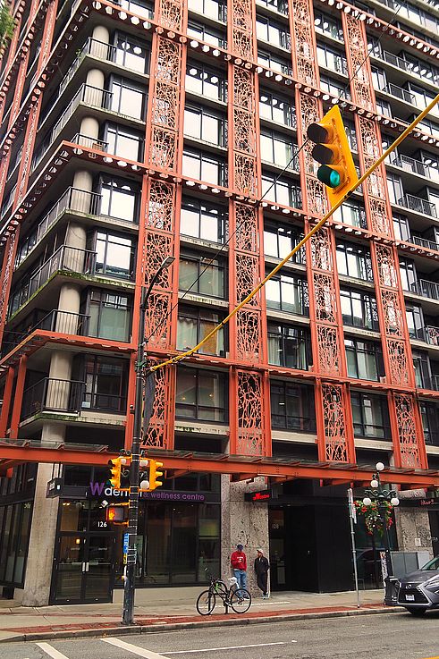 Facade adorned with plant motifs of the Woodward's West Tower in the Gastown district, Vancouver.