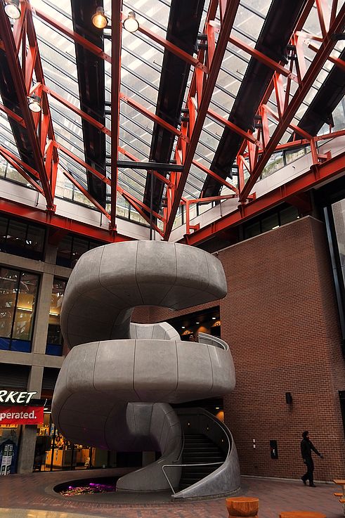 Spiral staircase of the SFU Harbour Centre in Vancouver.