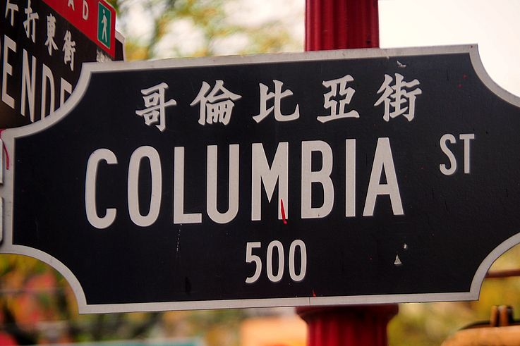 Street sign at the intersection of Columbia Street and Pender Street in the Chinatown district, Vancouver.