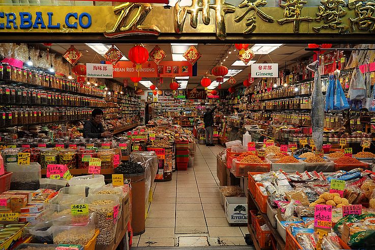 Dry goods and medicinal herbs grocery store in the Chinatown district, Vancouver.