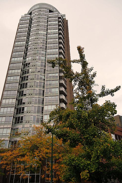 Europa residential tower in the heart of Vancouver's Chinatown district in autumn.