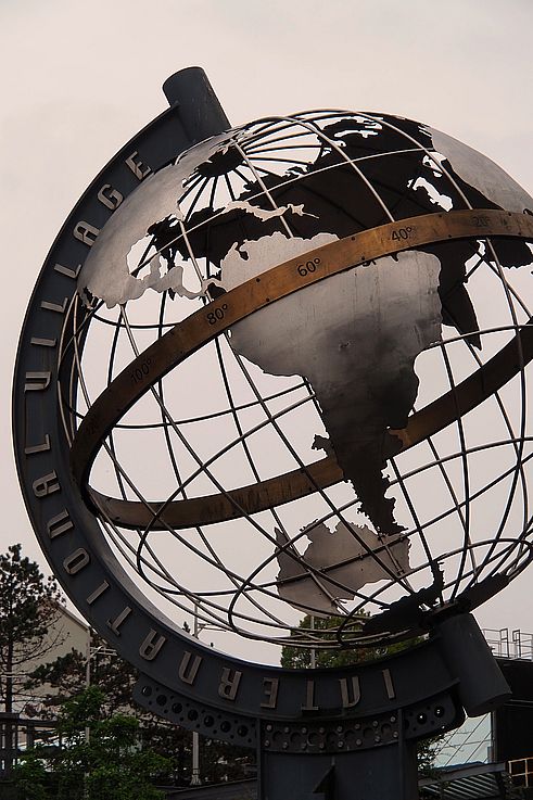 Globe-shaped sculpture at International Village, Chinatown district in Vancouver.