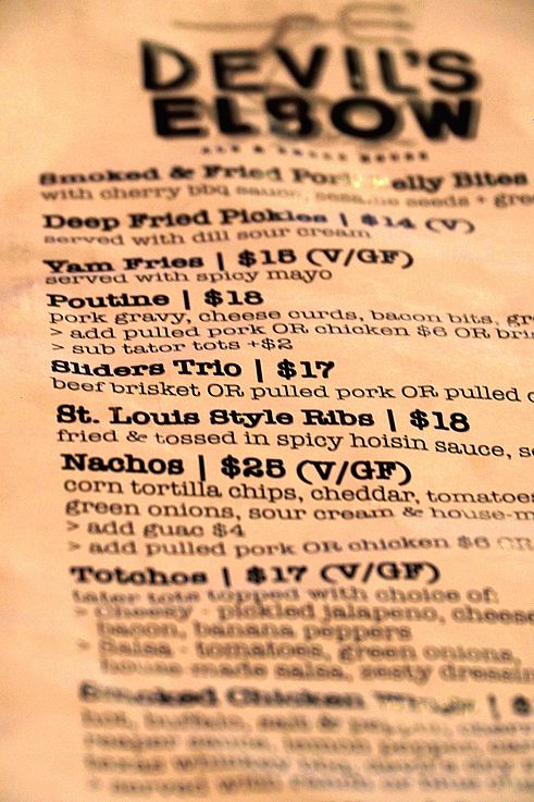 Menu of the Devil's Elbow restaurant in Vancouver.
