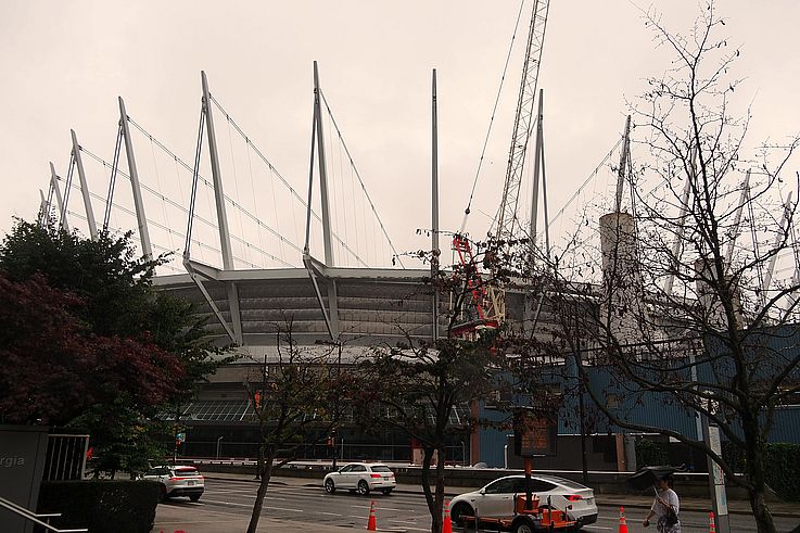 Construction crane near BC Place stadium, seen from Beatty Street in Vancouver.