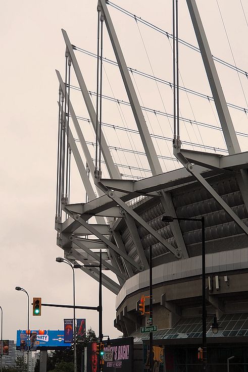Architectural roof structure of BC Place stadium, seen from West Georgia Street in Vancouver.