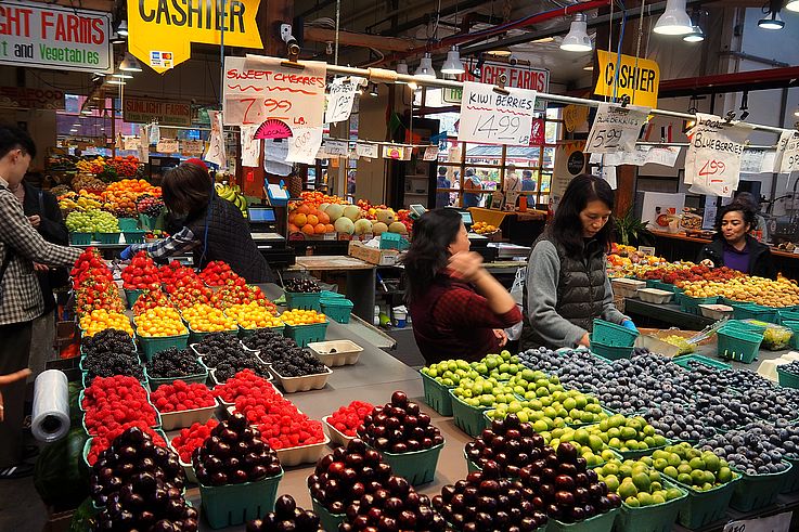 Fruit stall at the Granville Island Public Market in Vancouver.