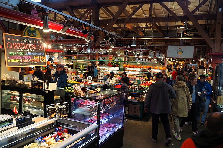 Produce displays at the Granville Island Public Market in Vancouver.