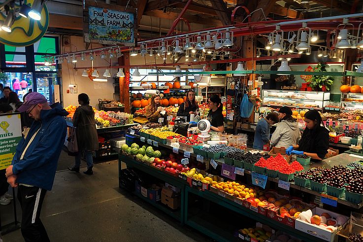 Fruit and vegetable stall at the Granville Island market in Vancouver.