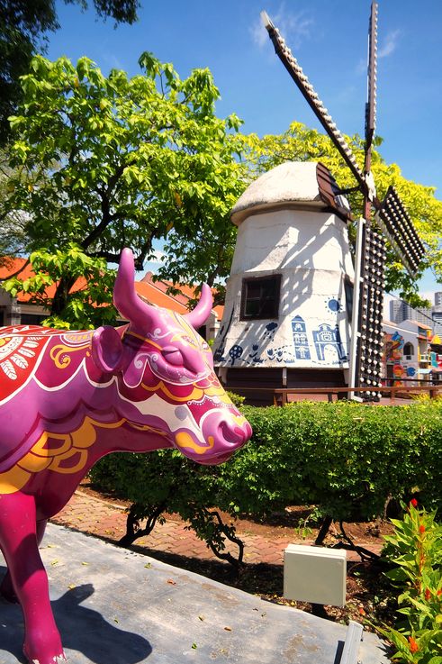 Statue de vache décorée devant un moulin à vent de style néerlandais à Melaka.
Altitude : 0 mètre
