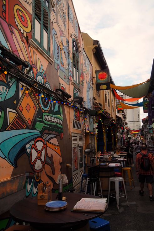 Graffitis dans la rue Haji Lane, quartier de Rochor.
Altitude : 15 mètres