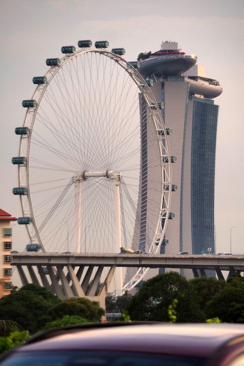 La Grande Roue Singapore Flyer et le complexe Marina Bay Sands derrière un pont.
Altitude : 8 mètres